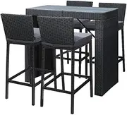Gardeon 5pcs Wicker Outdoor Bar Set, Rattan Table and Chairs Patio Furniture Bistro Dining Lounge Setting, Backrest Chair Space Saving with Water-Resistant Cover Black
