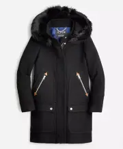 J CREW 4 T New Chateau Parka Italian Stadium Cloth Black Wool Fur Hooded Coat