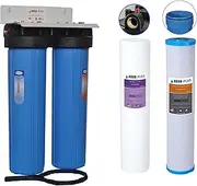 Aqua-Plus 2 Stage Jumbo Big Blue Whole House Water Filter System Sediment and Carbon Block Filters 20" x 4.5" 1” Brass Port Double Housing O-Ring