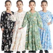 Muslim Kids Girls Floral Print Maxi Dress Abaya Islamic Kaftan Caftan Robe Gown