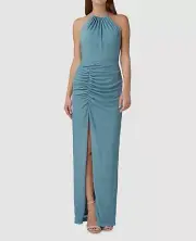 Aidan by Aidan Mattox Women's Blue Glitter Ruched Self-Tie Halter Dress Size 6