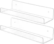 Clear Acrylic Shelves for Wall Storage,15" Invisible Floating Shelf Wall Mounted,Display Ledge Kids Bookshelf for Bedroom, Living Room, Bathroom, Kitchen, Set of 2