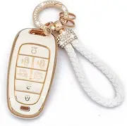 White Hyundai Key Fob Cover with Gold Bling Keychain Lanyard, Compatible with 2019-2021 Hyundai Fe Palisade Kona Elantra GT Veloster, 2021-2022 Sonata Nexo Tucson Smart Key Case