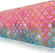 Extended Gaming Mouse Pad Mat Large Desk Mat Non Slip Rubber Base Computer Desktop Laptop Keyboard Mouse Mat Stitched Edges, 35.1x15.75 in Long XXL Waterproof Mousepad for Work Game, Mermaid Scales