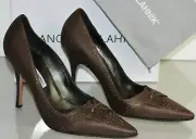 NEW Manolo Blahnik LENE 105 Pumps Bronze Leather Perforated Heels BB Brown 40.5