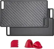 Aping Cast Iron Griddle, Nonstick Reversible Griddle Pan with Scraper & Mitts for Gas Grill, Cast Iron Griddle Plate for Gas Stove Top, Oven, Outdoor Grill or Campfire,18'' x 10.2''