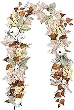 Fall Garland 6ft Artificial Realistic Hanging Maple Leaf Garland with Pumpkin & Berry DIY Fall Decor for Fireplace Front Door Harvest Thanksgiving Halloween