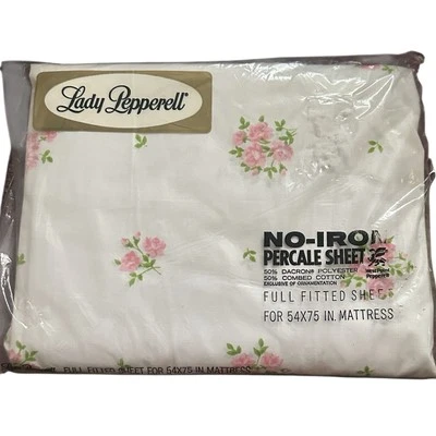 Vtg Lady Pepperell No Iron FULL FITTED Bedsheet Mini Pink Floral Bouquets 54x75"