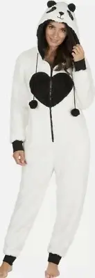 ONEZEE Ladies Plain Snuggle Fleece Panda Jumpsuit White Hooded Zip Sz S/M NEW