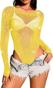 [ChiaoLezhee] Glitter Rhinestone Bodysuit, Sheer Leopard Top, Rave Festival Outfits, Cheetah Mesh Fishnet Women Sparkly Lace