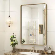 24X36 Brushed Gold Bathroom Mirror, Metal Gold Framed Vanity Mirror, Modern Rect