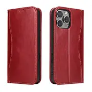 For iPhone 16 Pro Max Case Fierre Shann Genuine Cowhide Leather Wallet Cover Red