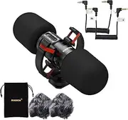 MIC-08 Pro On-Camera Microphone Two-Way Pickup Metal Mic Super Cardioid nt Noise Reduction Real- Headphone ing 3.5mm Plug-and-Play with Metal Shock Mount for Phone Black One Size