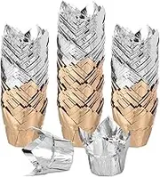 sourcing map 100 Pcs Tulip Cupcake Liners, Muffins Liners Aluminum Foil Cupcake Wrappers Baking Cups Muffins Liners for Wedding Birthday Party Supplies, Silver/Champagne Gold