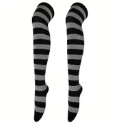 Sock Panda Striped Patterned Socks (Thigh High) Dark Gray and Black gray/black