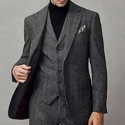 Men's Tweed Suits Wool Business Suits Dark Grey Formal Vintage Solid Colored Standard Fit 2 Piece Single Breasted Two-buttons