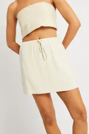 Beige Mini Skirt High Rise Elastic Waist Linen Blend - Size 8XS, Women's Mini Skirt