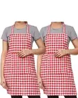 Simple Adjustable Set Of 2 Red Color Checked Cotton Fabric Apron For Women