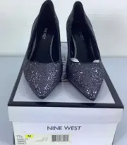 Nine West Margot Black Pewter Glitter pointy toe mid heels leather pumps 7.5