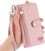 [BEENTRYS] Leather Wallet Case for Samsung Galaxy S22 Plus Cover,Heart Pattern Card Holder Slots Kickstand RFID Blocking Zipper Pocket Magnetic Closure Shockproof PU Flip Folio Phone Case-Pink