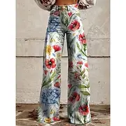Women's Wide Leg Chinos Vacation Fashion Streetwear Full Length High Waist Floral Pocket Printing Comfy Soft Comfortable Micro-elastic Outdoor Street White Yel