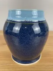 Audrey McKeon Pottery Vase Blue Signed 5 Inches Vintage 1999 Carved Rim