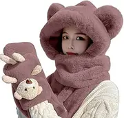 [Generic] Winter Fleece Scarf | Scarf Set with Gloves and Gloves with Hood Plush Cold Proof Bear Ears Soft Scarf