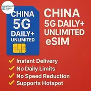 China eSIM for Travel 5G Unlimited Data No Speed Reduction Supports Hotspot (3 Days)