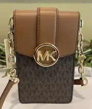 MICHAEL KORS CARMEN SMALL NS PHONE CHAIN CROSSBODY BAG SHOULDER MK BROWN LOGO