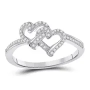 14k White Gold Round Diamond Double Heart Ring 1/8 Cttw
