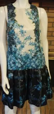 Tibi Sidewalk Blue Floral Drop Waist Back Tie Silk Dress NWT Size 10