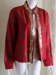 NWT Chico's 3 XL Exquisite Red 100% Silk Gold Sequin Open Art Jacket $128