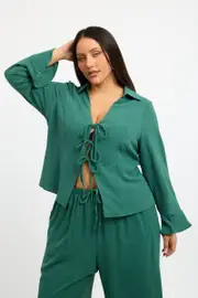 Green Tie Front Top Long Sleeve Textured