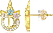 [Seraphina] Unicorn Sterling Silver Initial Earrings for Girls Women - Hypoallergenic 14K Gold/White Gold/Rose Gold Plated Letter Unicorn earrings for Little Girls Kids Unicorn Gifts