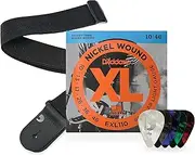D'Addario Electric Guitar Strings, Picks, Strap Beginner Kit - EXL110 XL Nickel Wound Electric Strings, 10-46 Light - Poly Pro Guitar Strap - 10 pack Celluloid Assorted, Medium Gauge Guitar Picks