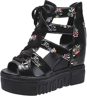 [Gikleihwy] Womens Floral Wedge Platform Sandals Fashion Fish Mouth Gladiator Lace up Hollow Out Peep Toe Chunky High Hidden Heel Summer Zipper Anti Slip Bootie Shoes