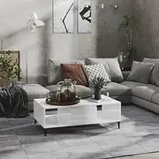 Modern High Gloss White Coffee Table, 103.5x60x35 cm, Engineered Wood with Metal Legs – Ideal for Small Spaces, Mid Century Modern Design, Accent Living Room Furniture, Storage Shelves Included