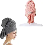2 Pack Large Microfiber Hair Towel,Hairs Wraps for Women Wet,Fast Drying Turban,Super Absorbent Drying Towel with Elastic Strap Anti Frizz Head Towels Wrap for Curly