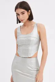 Metallic Corset Top Sleeveless Scoop Neck PU Silver - Size 6, Women's Cami
