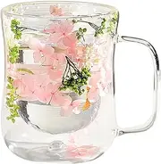 Double Walled Glass Mug | Elegant Tea Cups,400ml Flower Glass Tea Cups, Clear Espresso Cups, Dried Flowers Glass Coffee Mugs with Handle for Women Her