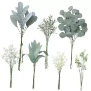 Artificial Greenery Stems Box Set,65 Pcs with 7 Kinds of Faux Dusty Green