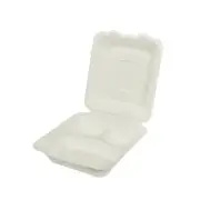 3 Compartment White Compostable Clam Shell Hinged Take Out Container 9 x 9 x 3
