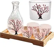 Cherry Blossom Design Japanese-Style Sake Set with Warmer Glass Carafe and 4 Cups Ideal for Sake Soju Traditional Liquor Sake Drinking Set