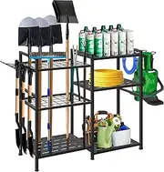 Large Garden Tool Organizer, 3 Tier Garden Tool Storage Rack Utility Yard Tool Tower Rack with Large Hooks for Shed Garage Tool Storage and Organization, for Long Handle Tools, Rake, Brooms, Shovel