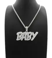 Silver Plated Cubic Zirconia Lil Baby & 24" Box Cuban Rope Brass Chain Necklace