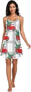 [RPLIFE] Red Trucks Christmas Trees Plaid Womens Slip, Spaghetti Strap Nightgown, Sleeveless Night Shirts for Woman