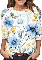 [Generic] 3/4 Length Sleeve Tops for Women Casual Round Neck Leaf Print Tops Fashion Loose T-Shirts Ladies Tops and Blouses