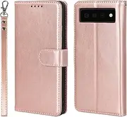 Case for Google Pixel 6A Leather Wallet Case with Card Holder Slot SunYoo Protection Shockproof Cover Kickstand Magnetic Handbag with Wrist Strap Women Men Flip Folio for Google Pixel6A Pink