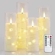 Wroxipel Flameless Flickering Clear Plastic Candles with 11-Key Remote and Timer, Built-in Star String Lights Battery Operated LED Candles, Pack of 4 (2.2" x5" 6" 7" 8", Ivory)
