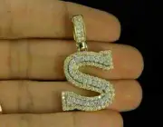 14K Yellow Gold Plated 2.40Ct Round Cut Real Moissanite 'S' Letter Pendant
